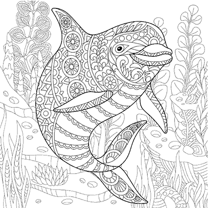 Mandala coloring page of an illustration of the silhouette of a dolphin with underwater plants