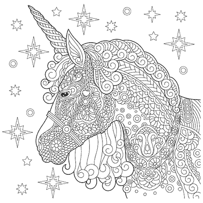Mandala coloring page of an illustration of the silhouette of a magical unicorn head
