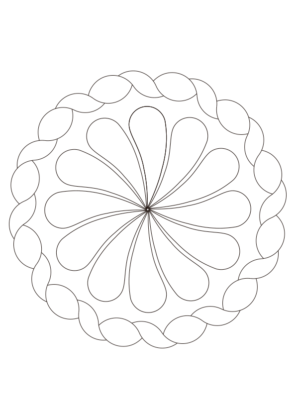 Mandala coloring page of a circular shape with intertwined loops and geometric petals in the center