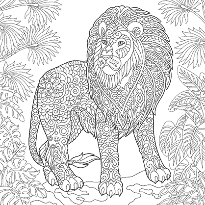 Mandala coloring page of illustration silhouette of wild lion in the jungle