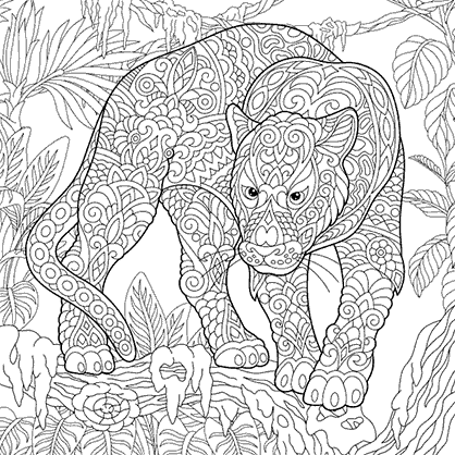 Mandala coloring page of a panther in the jungle