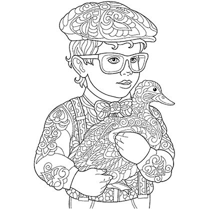 Coloring page mandala illustration silhouette of a boy with a duck