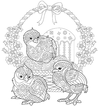 Mandala coloring page of three chicks