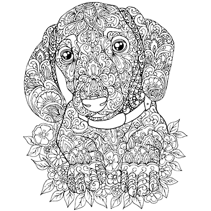 Mandala coloring page of the figure of a dog