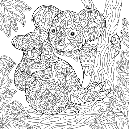 Coloring page of a mandala with an illustration of the silhouette of koala bears