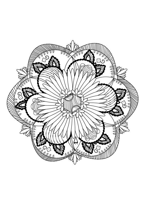 Mandala coloring page of a flower with 6 petals with ornamental details