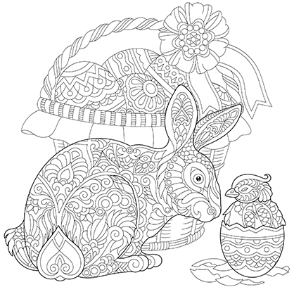 Mandala coloring page of an illustration of the silhouette of an Easter bunny and a hatching chick