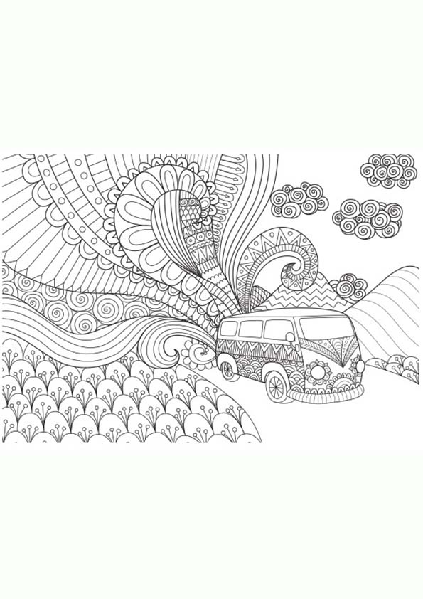 Mandala coloring page of a van on a road and a psychedelic field