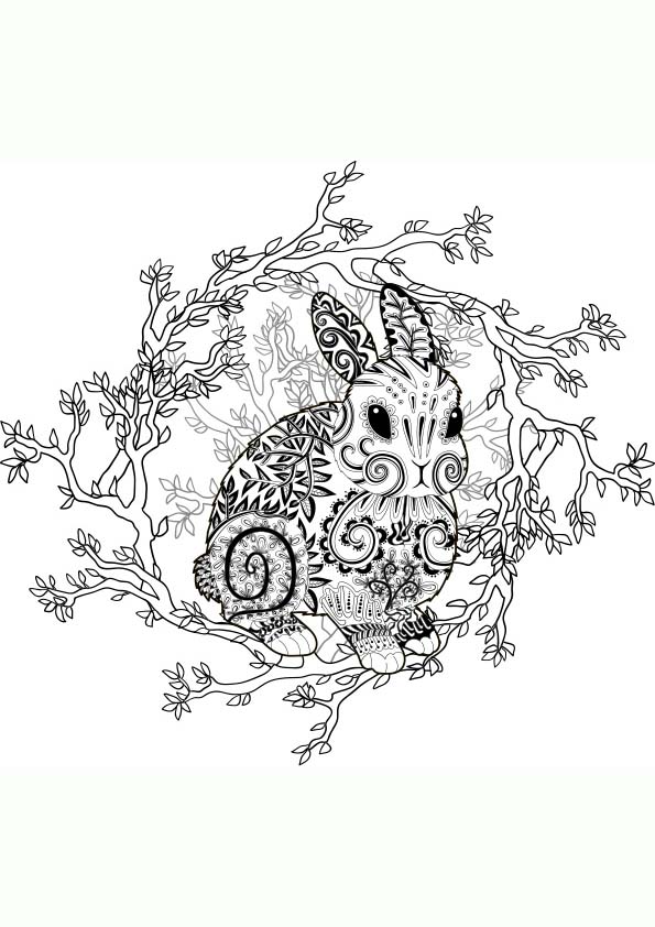 Coloring page mandala of the figure of a rabbit inside some branches with leaves