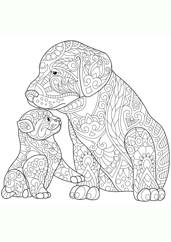 Coloring page mandala of a drawing of a dog with her puppy
