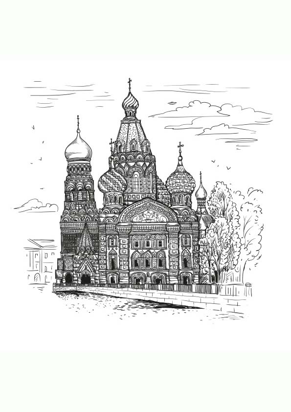 Mandala coloring page of the Church of the Resurrection of Christ or Church of Our Savior on Spilled Blood in St. Petersburg in Russia