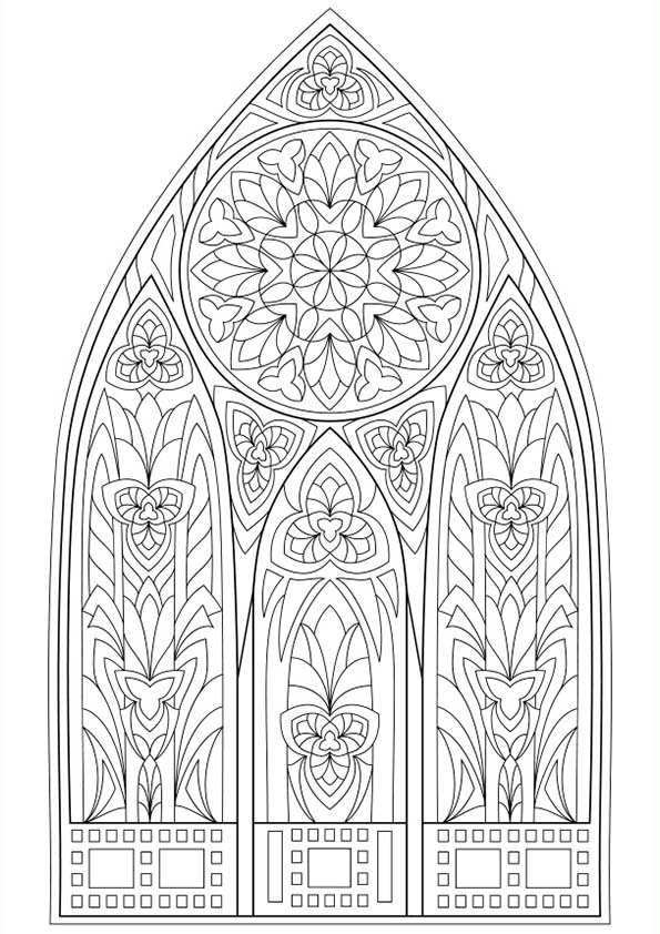 Mandala coloring page of gothic medieval window with stained glass and rose window