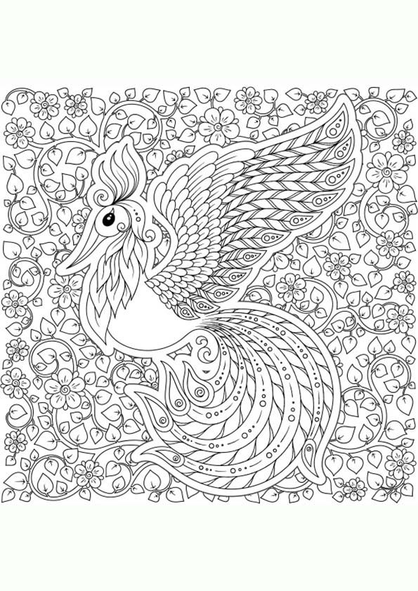 Mandala coloring page of mythical bird in a fantasy flower garden