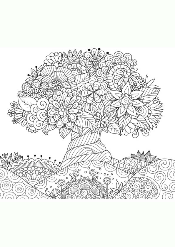 Mandala coloring page of an illustration of the silhouette of a tree in the field with flowers