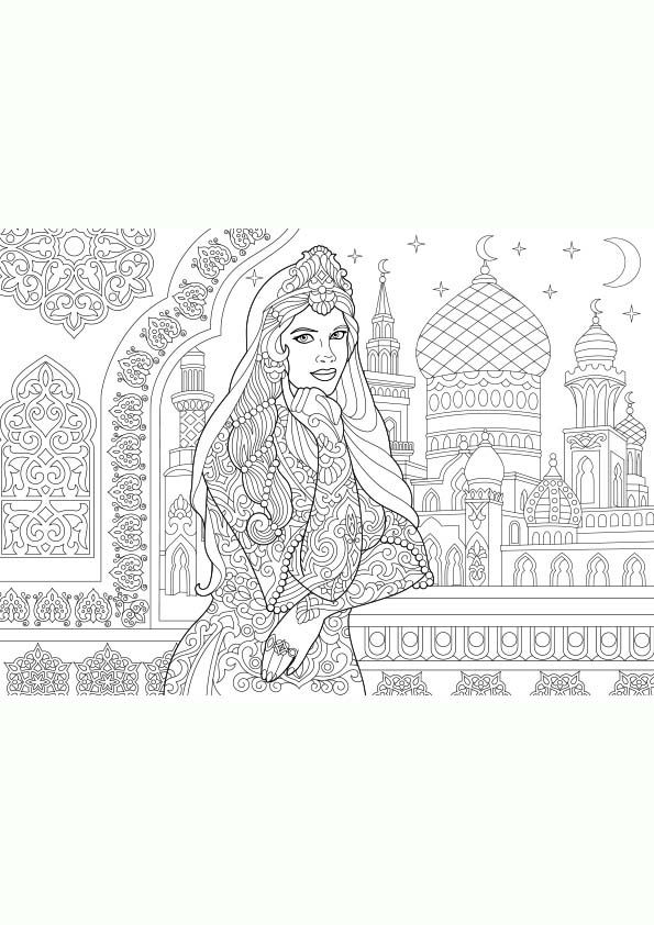 Mandala coloring page of an illustration of the silhouette of a Turkish woman in a Turkish landscape with moon and stars