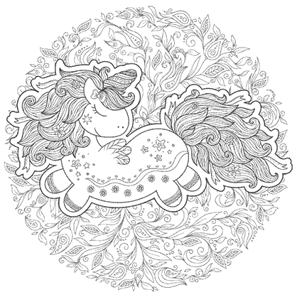 Mandala coloring page of the illustration of a magical unicorn on ornamental motifs in a circular shape