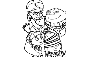 Gru, Margo, Agnes and Edith from The Minions coloring page
