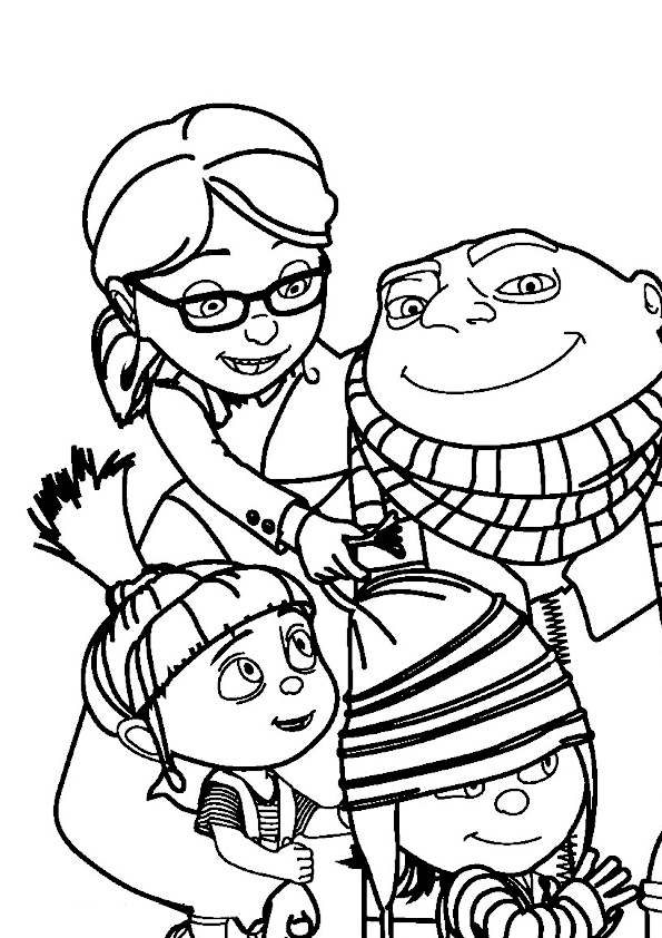 Print and color this drawing of the characters Gru, Margo, Agnes and Edith from the movies The Minions