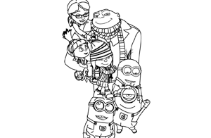 Gru, Margo, Agnes, Edith and some Minions coloring page