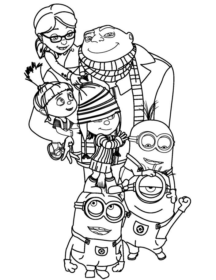 Print and color this drawing of the characters Gru, Margo, Agnes Edith, and Minions from the movies The Minions