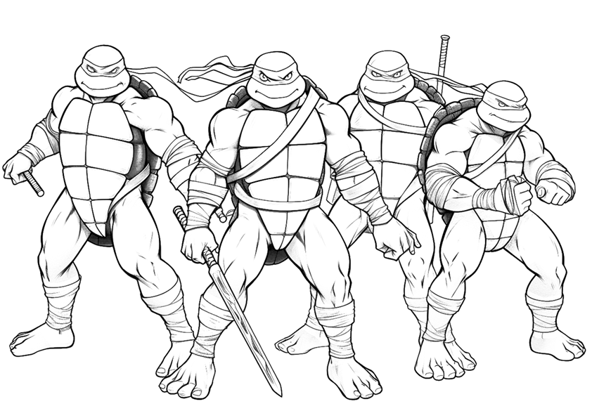 Coloring page of the 4 Ninja Turtles, Leonardo, Donatello, Raphael and Michelangelo.