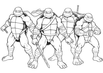Coloring page of the 4 Ninja Turtles, Leonardo, Donatello, Raphael and Michelangelo