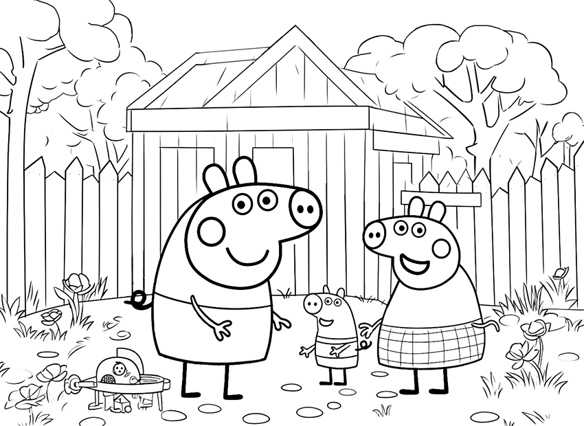 Coloring picture Peppa Pig in the garden