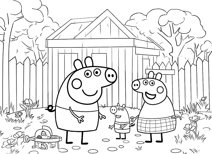 Coloring picture Peppa Pig in the garden