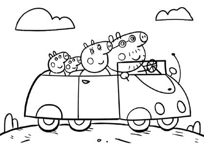 Peppa Pig's family in car coloring page