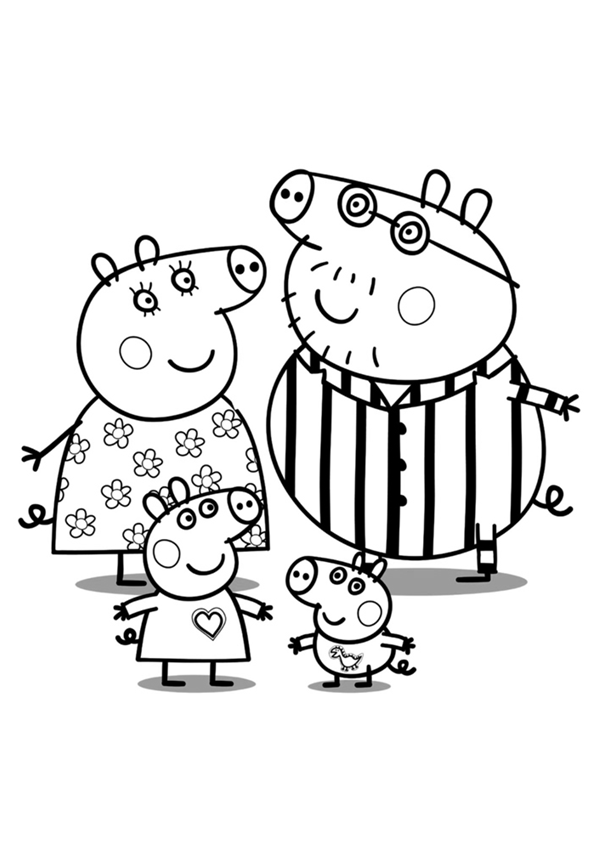 Drawing of Peppa Pig and her family. George, Mummy Pig, Daddy Pig and Peppa Pig coloring page