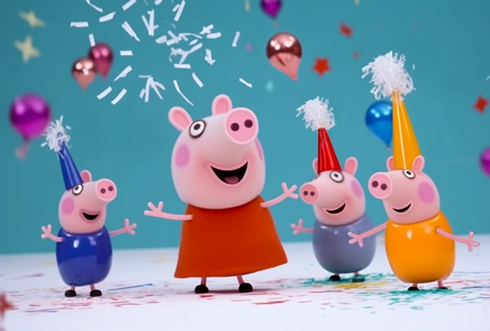 Peppa pig at a party with her friends, image free to download