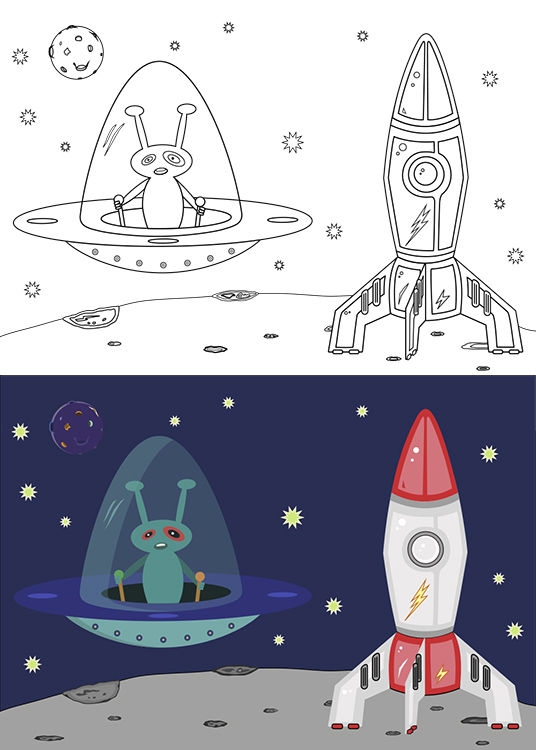Coloring page of a ship with a Martian piloting it and another ship ready to take off