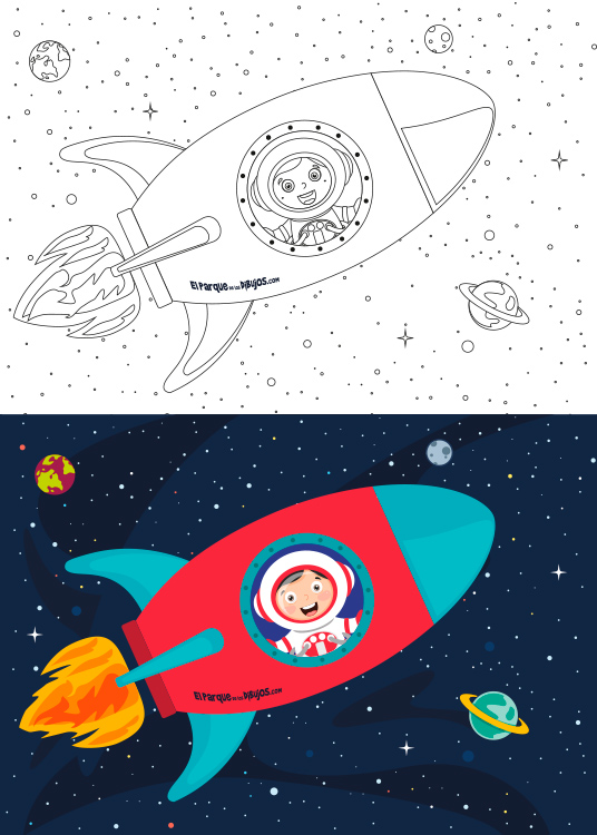 Dibujo para colorear del niño Mariano viajando en una nave espacial