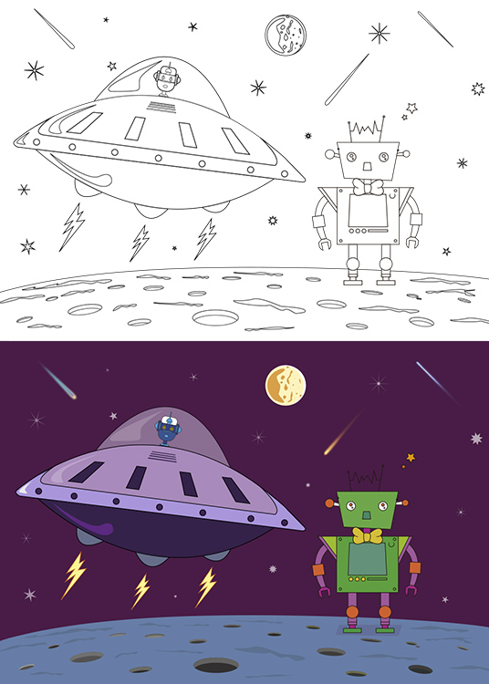 Dibujo para colorear del robot Visini aterrizando en un platillo volante mientras el robot Carmelo lo espera en el planeta