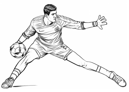 Thibaut Courtois coloring page. Printable drawing of Courtois. Drawing of Courtois with a soccer ball to download. Drawing of soccer goalkeeper Thibaut Courtois.