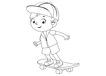 A boy with a cap riding a skateboard coloring page