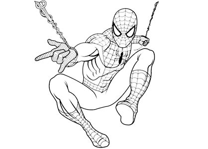 Spiderman hanging from his web coloring page.