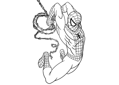 Spiderman coloring page, jumping with a spider web.