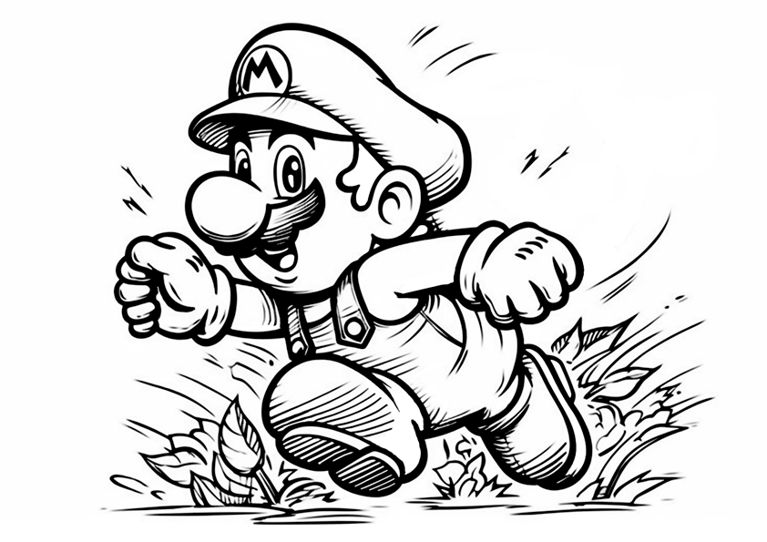 Super Mario coloring book, Mario running. Download this original drawing of Super Mario running to rescue Peach Princess.