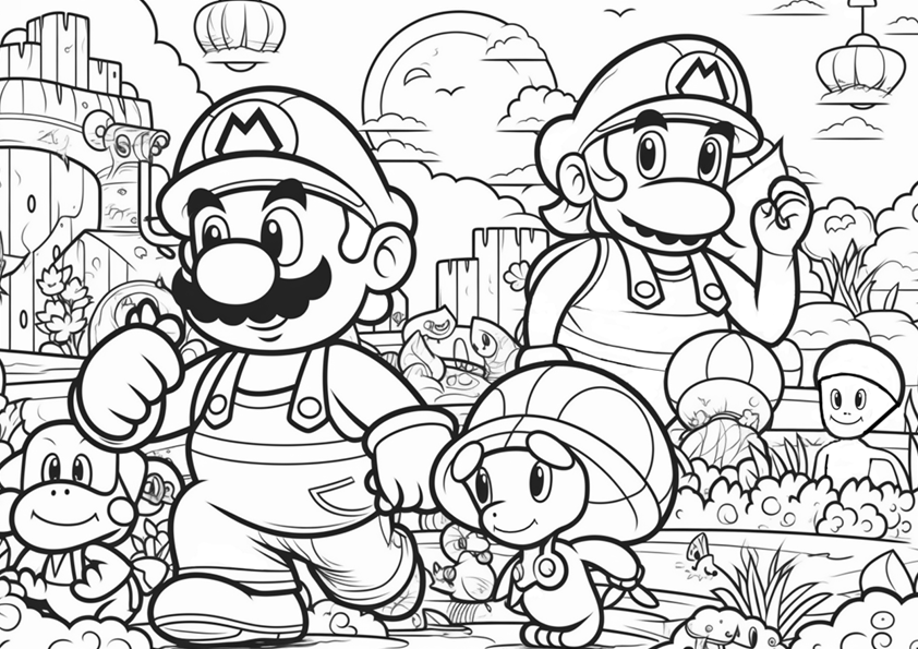 Original Super Mario drawing, Mario and Luigi in the Mushroom Kingdom.