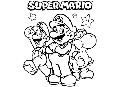 Coloring page of Super Mario, his brother Luigi and Yoshi.