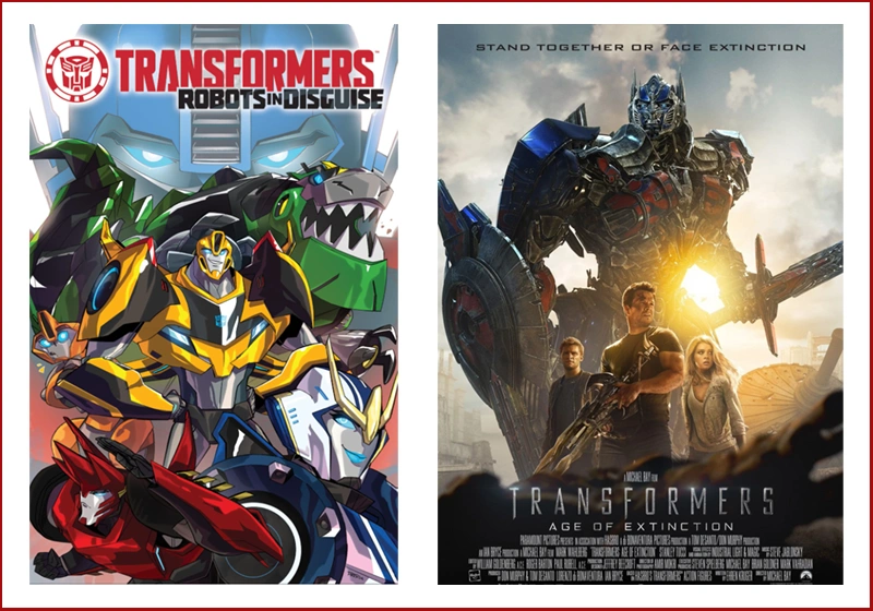 Poster of the animated series Transformers: Robots in Disguise and poster of the movie Transformers: Age of Extinction of the year 2014