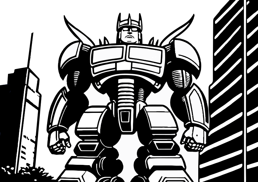 Drawing to color a Transformer in a city. Transformer in a city coloring page.