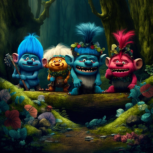 Color illustration number 1 of a group of Trolls in an enchanted forest