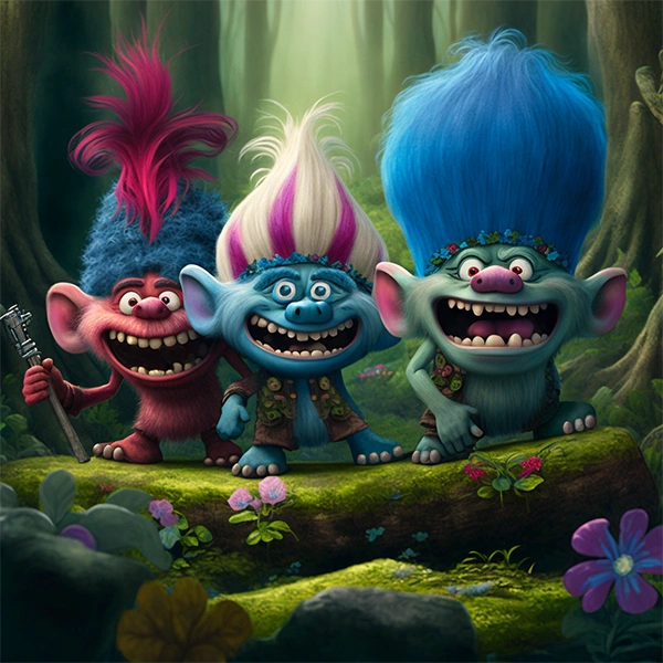 Color illustration number 2 of a group of Trolls in an enchanted forest