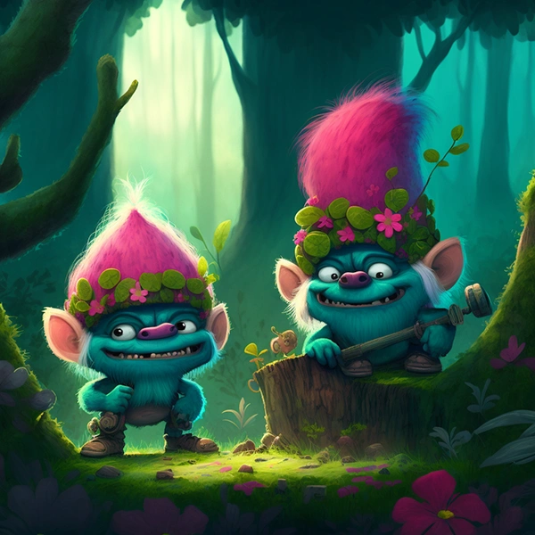Color illustration number 3 of a group of Trolls in an enchanted forest