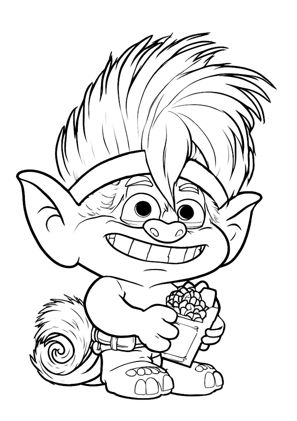 Coloring page of a short troll with long hair