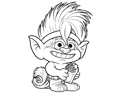 Coloring page of a short troll with long hair