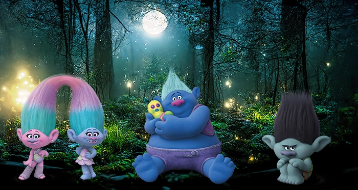 Image of a Trolls scene in the enchanted forest to download for free and print