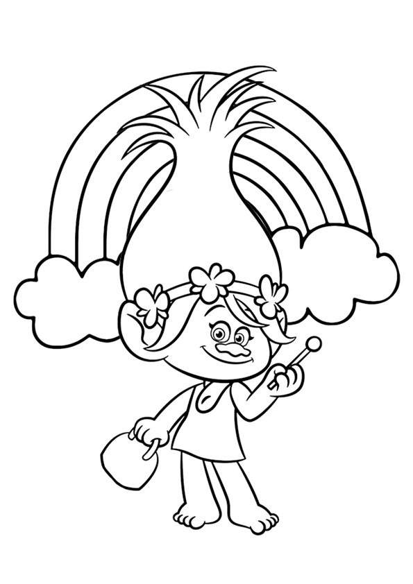 Coloring page of Poppy the protagonist of Trolls with a rainbow